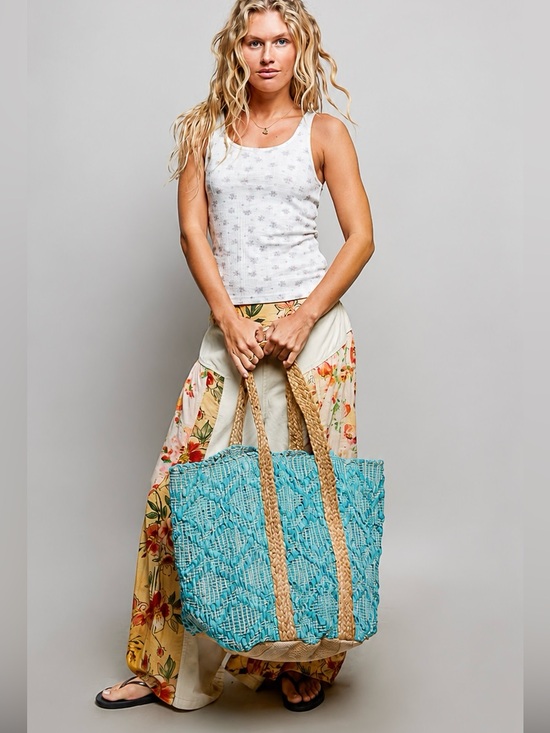 POL Handbags - POL Handwoven Tote Bag in Turquoise with Natural Handles